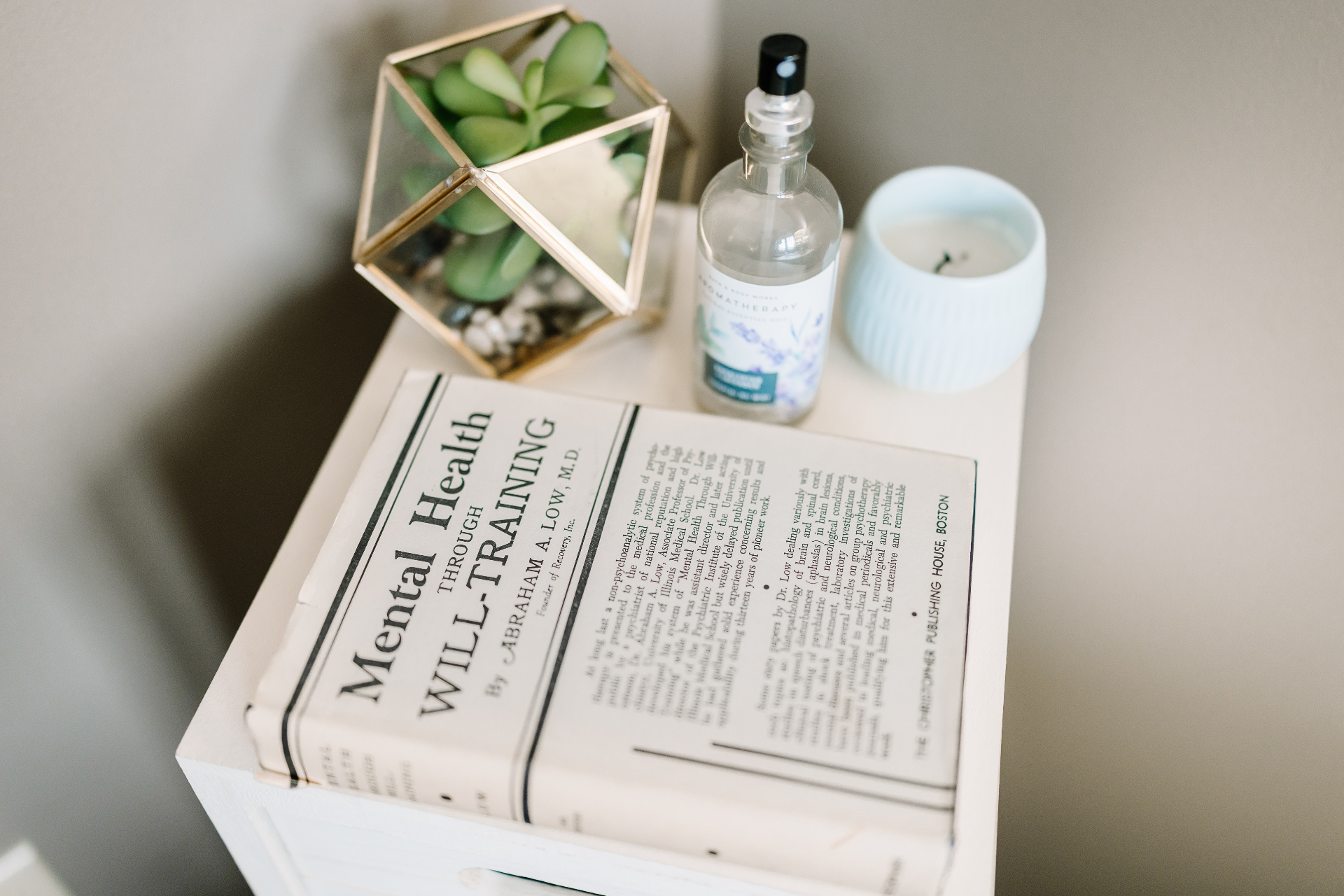 An open book titled Mental Health Through Will-Training resting on a side table with a candle and succulent