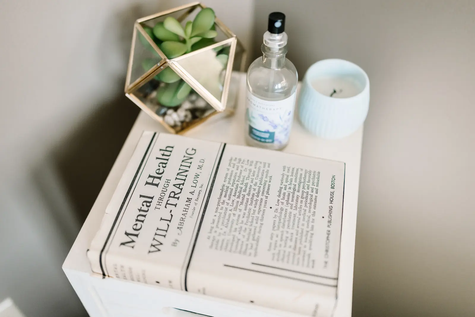 An open book titled Mental Health Through Will-Training resting on a side table with a candle and succulent