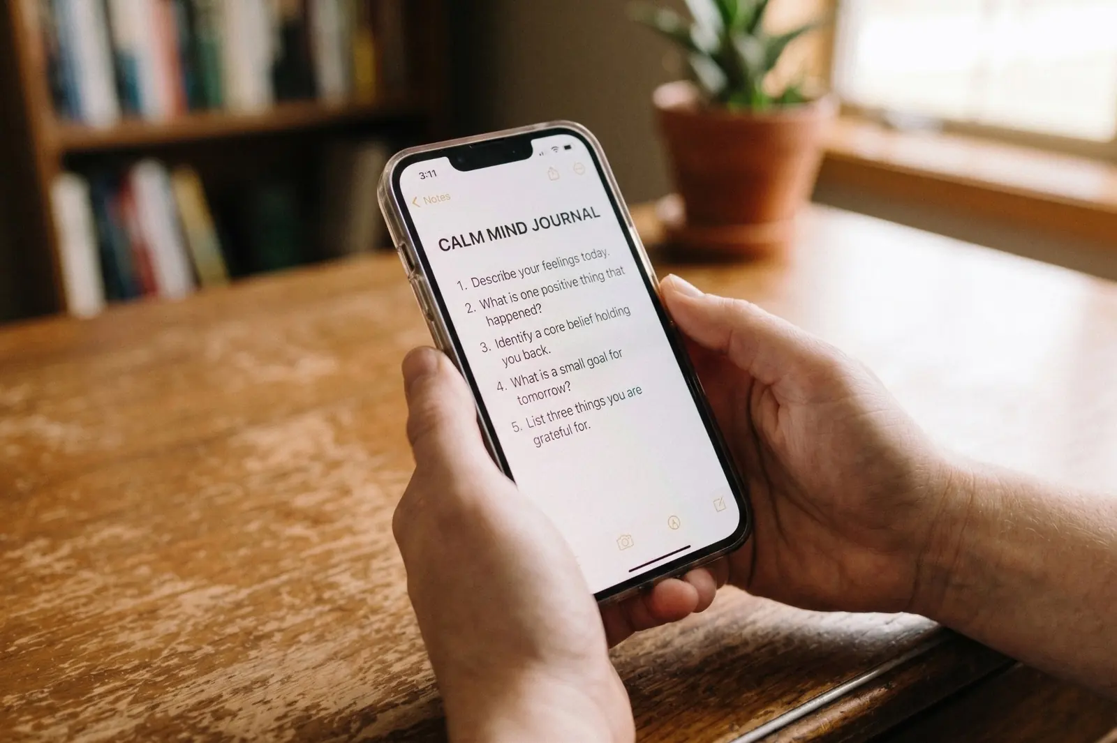 Hands holding a phone showing a Calm Mind journaling prompt list