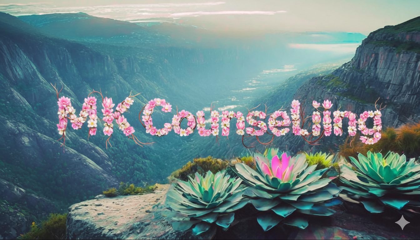 A serene landscape view of mountains and a valley, with the text 'MK Counseling' artistically decorated with flowers and surrounded by succulent plants.