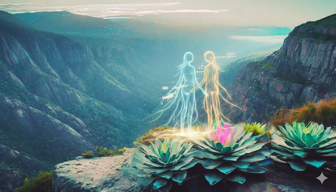 A digital illustration of two ethereal figures holding hands, glowing against a backdrop of mountains and a serene landscape, with vibrant lotus flowers in the foreground.