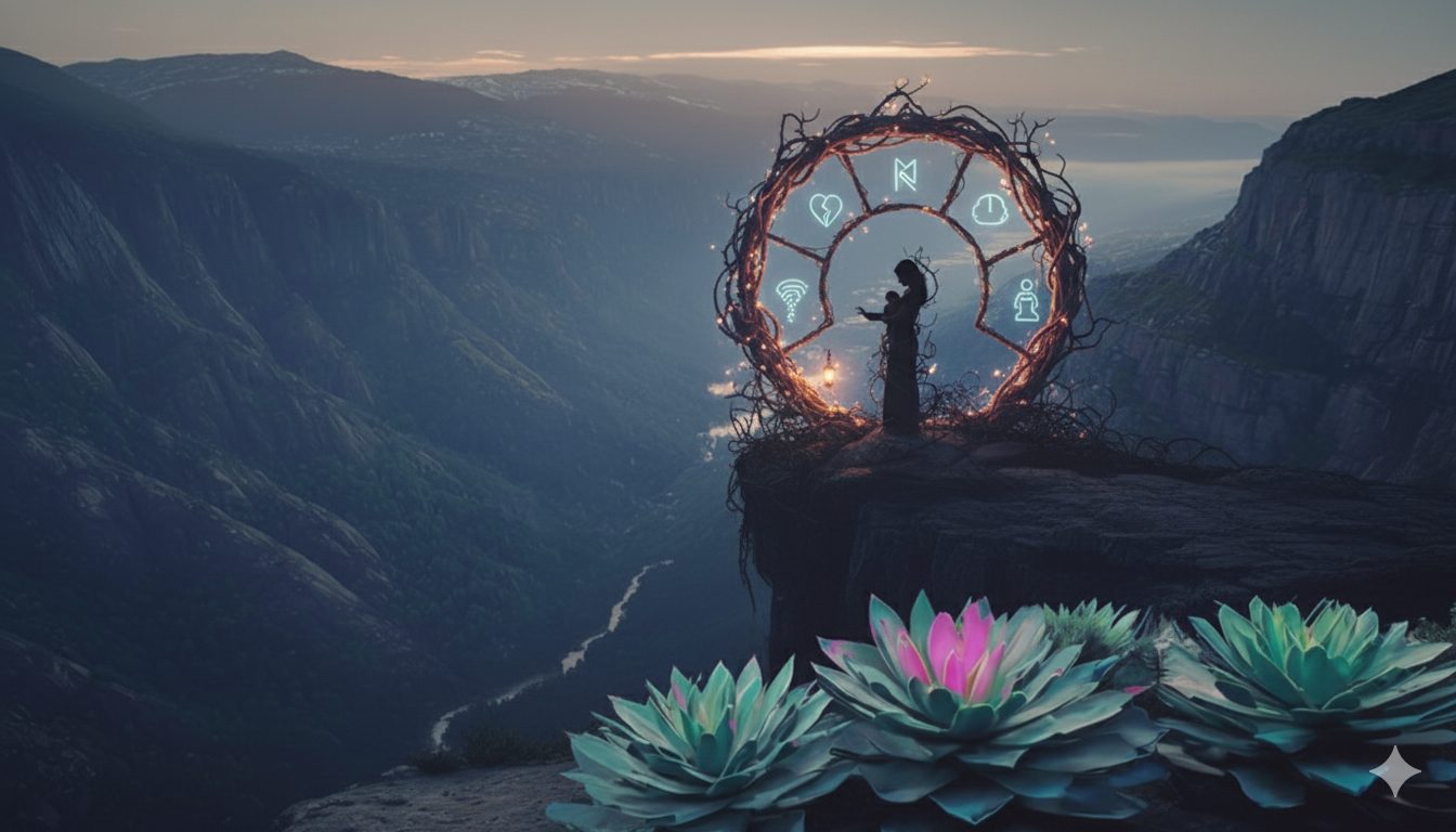 A silhouette of a person standing on a cliff overlooking a vast valley at dusk, framed by a mystical circular structure made of branches with glowing symbols. Colorful lotus flowers are in the foreground, enhancing a serene and magical atmosphere.