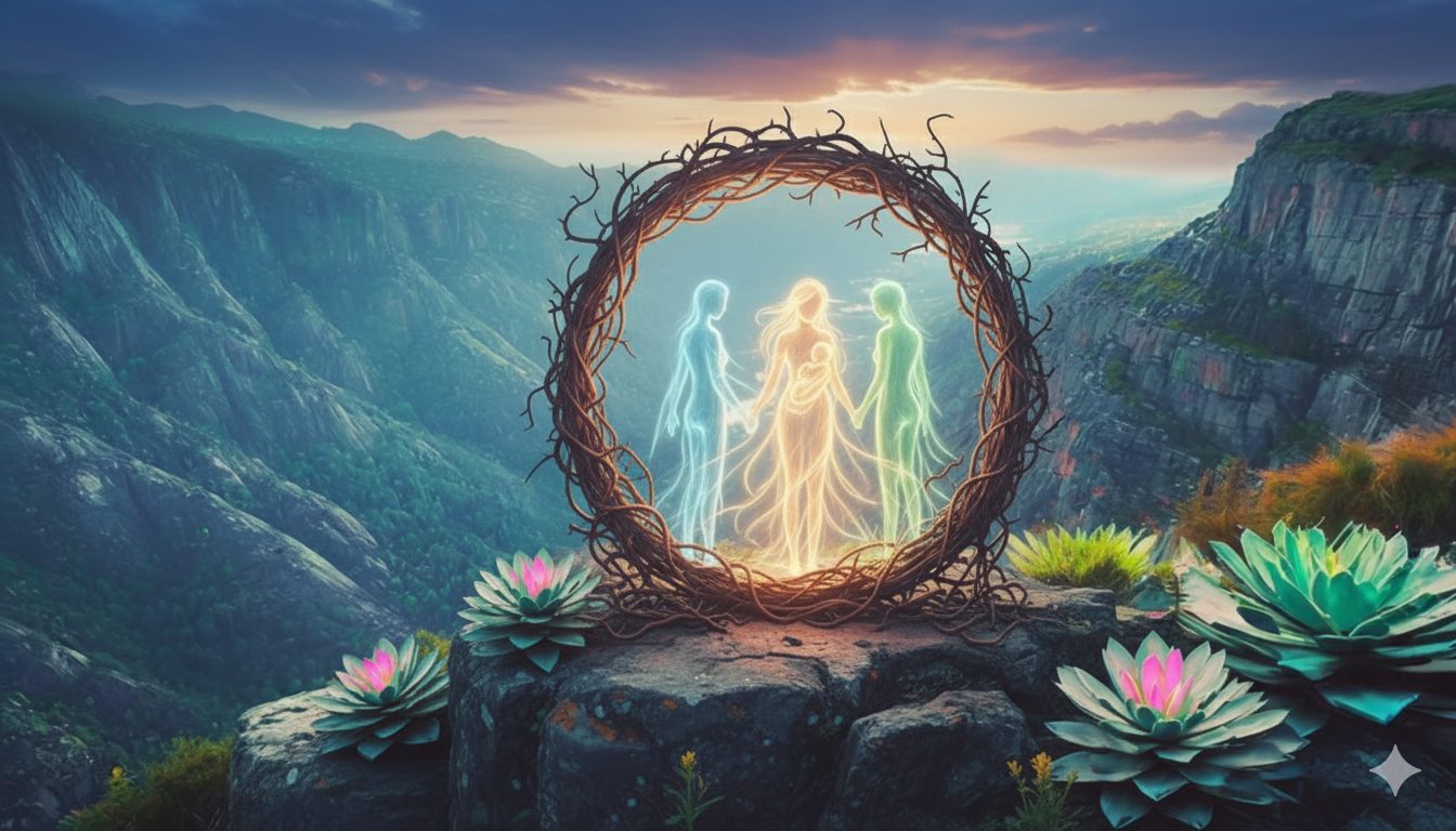 A mystical scene featuring ethereal figures emerging from a circular vine structure, surrounded by lush greenery and mountains under a sunset sky.