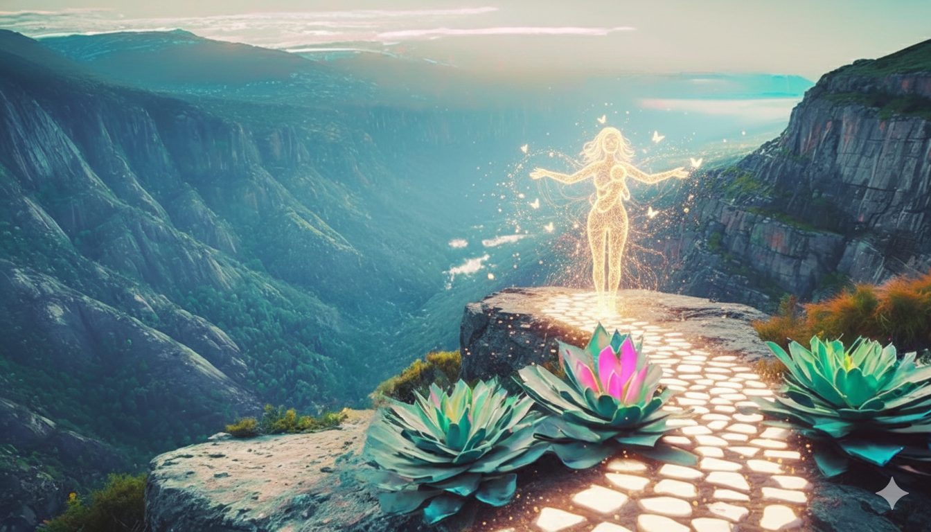 A glowing, ethereal figure stands on a path surrounded by large, colorful flowers, overlooking a vast mountainous landscape with a serene body of water in the background, evoking a sense of tranquility and transformation.