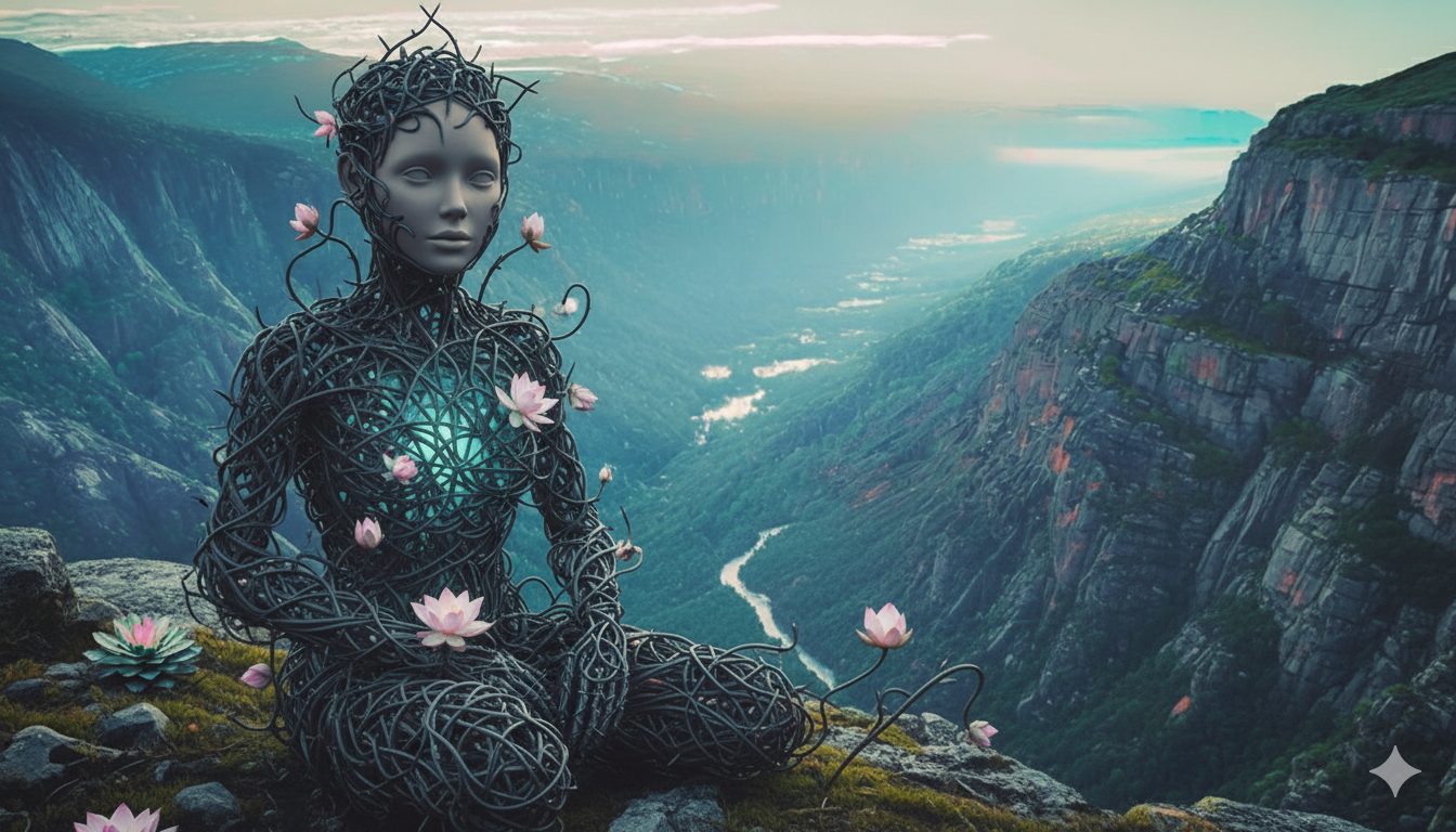 A serene figure made of intertwined branches and glowing elements sits in meditation amidst a lush landscape, surrounded by flowers and mountains.