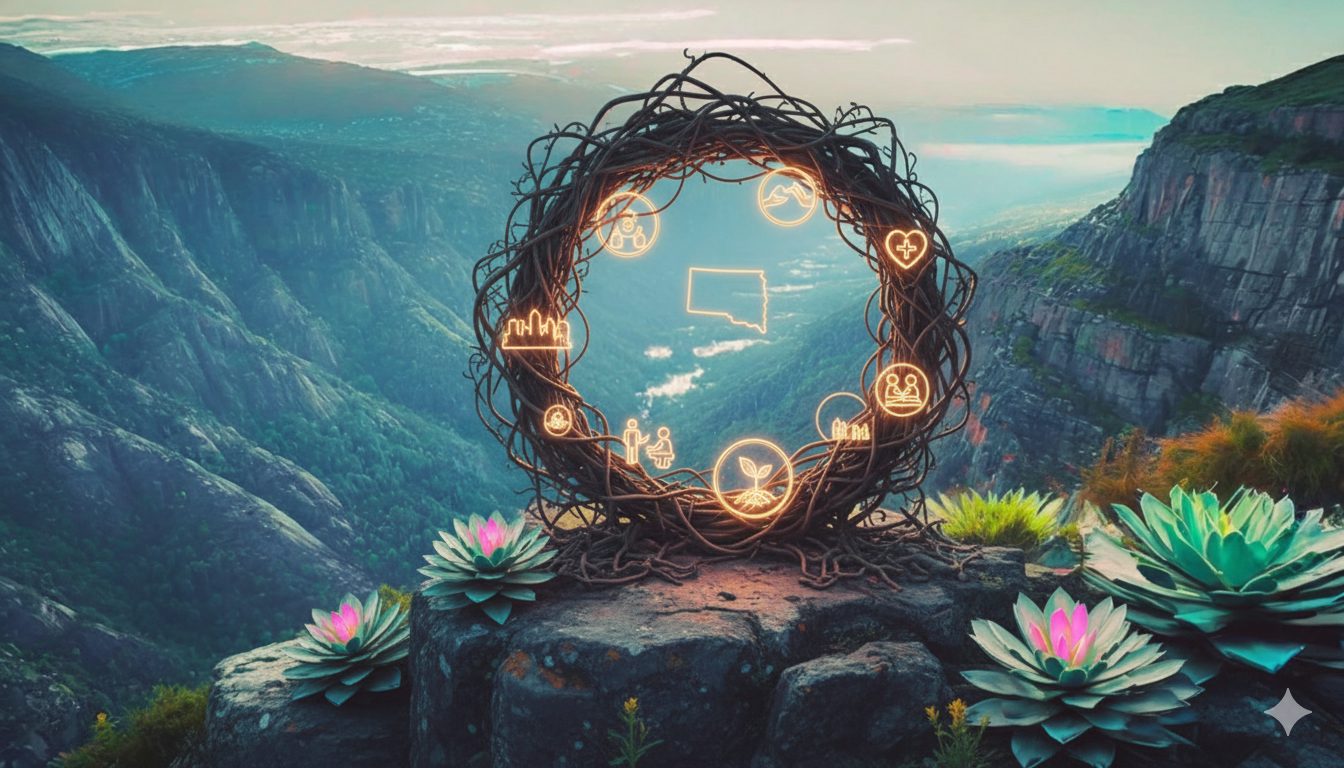 A circular nest-like structure surrounded by mountains, featuring glowing icons representing health, community, and nature, with colorful flowers in the foreground.