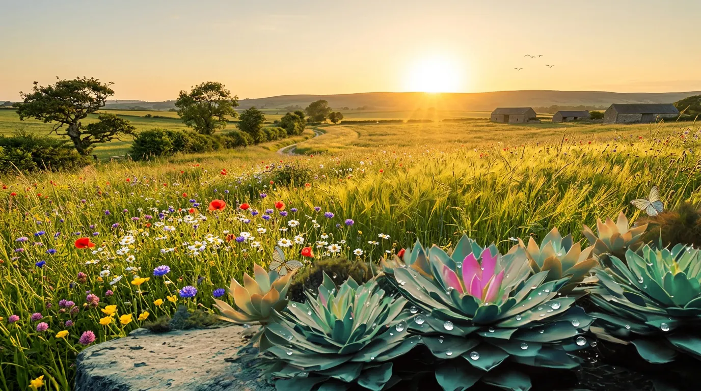 A summer field of wildflowers at sunset with succulents in the foreground